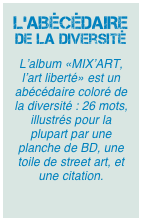 L’ABÉCÉDAIRE de la diversité
L’album «MIX’ART, l’art liberté» est un abécédaire coloré de la diversité : 26 mots, illustrés pour la plupart par une planche de BD, une toile de street art, et une citation.