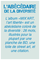 L’ABÉCÉDAIRE de la diversité
L’album «MIX’ART, l’art liberté» est un abécédaire coloré de la diversité : 26 mots, illustrés pour la plupart par une planche de BD, une toile de street art, et une citation.