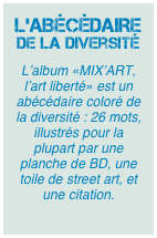L’ABÉCÉDAIRE de la diversité
L’album «MIX’ART, l’art liberté» est un abécédaire coloré de la diversité : 26 mots, illustrés pour la plupart par une planche de BD, une toile de street art, et une citation.